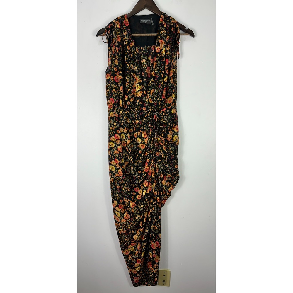 Dress Forum Maxi Dress Womens Medium Black Floral Ruched Asymmetrical Romantic